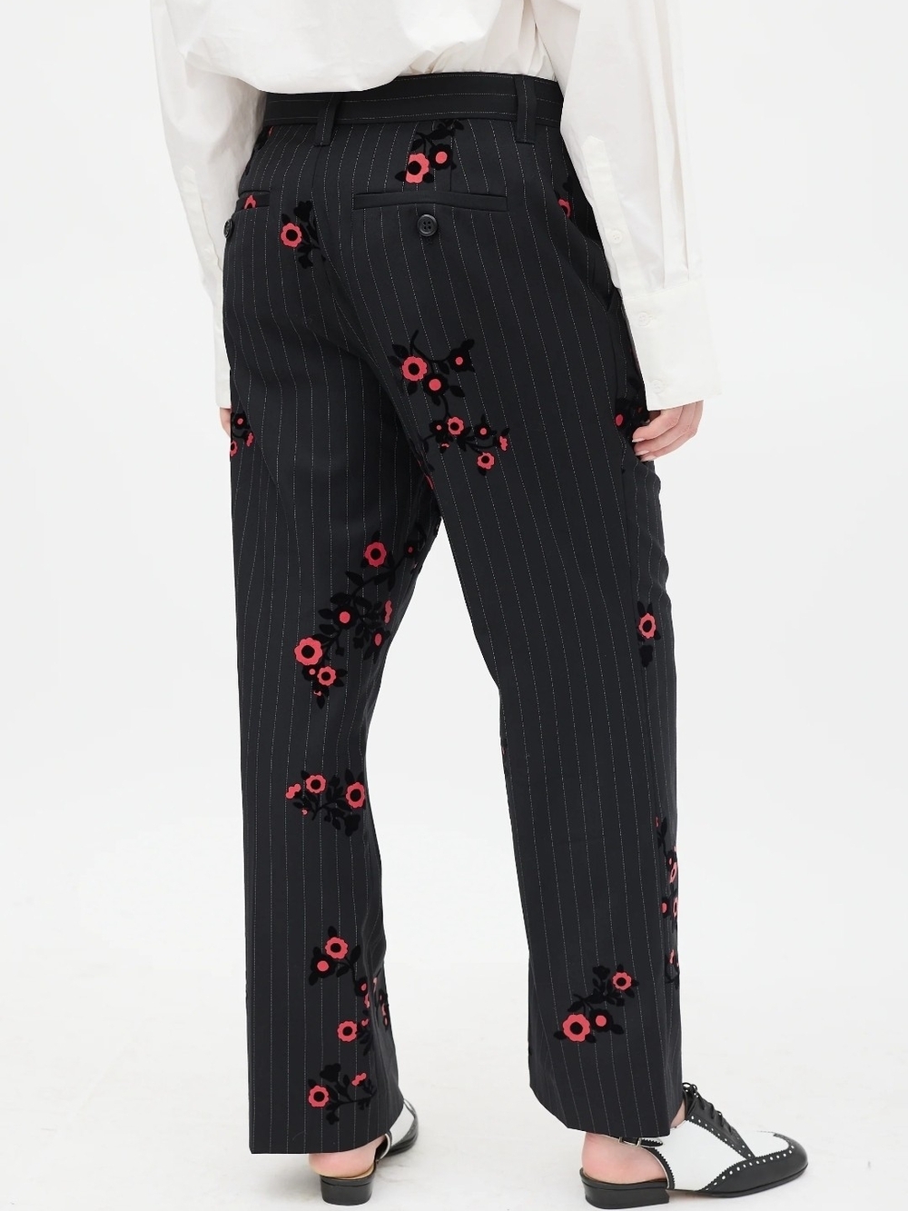 Marc Jacobs Black Pinstripe Trousers with Red Floral Appliqué - Picture 3 of 8